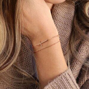 14K Gold Filled Adjustable Layered Bracelet Cute Evil Eye Oval Chain Pearl Bar